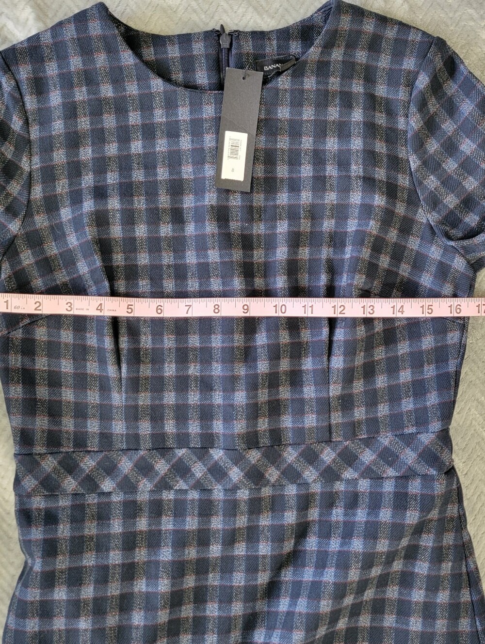 Banana Republic Blue Gray Plaid Tweed Sheath Slit Short Sleeve Midi Dress Sz 8 - Picture 11 of 12
